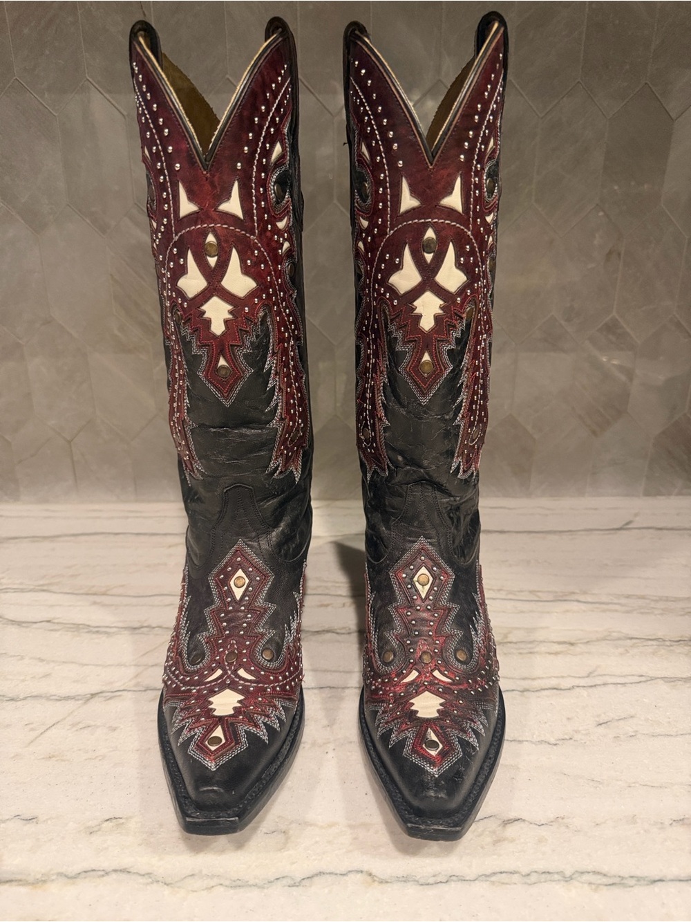 Women's Black and Burgundy Embellished Western Heeled Boots - Picture 1 of 11